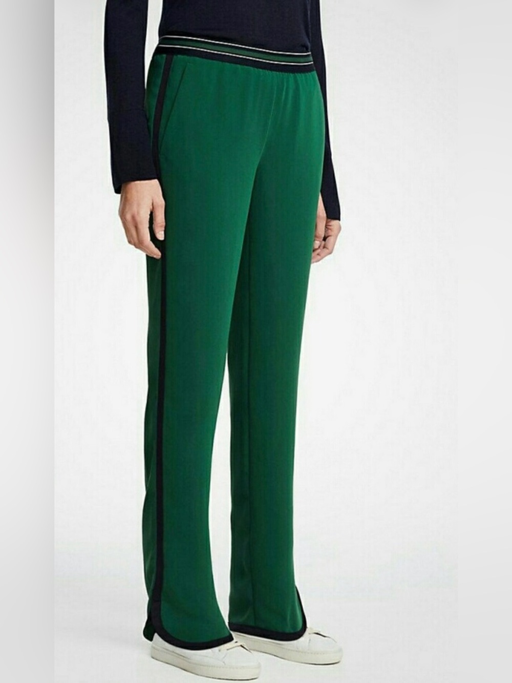 Ann Taylor Emerald Green Wide-Leg Pants with Black Side Stripe